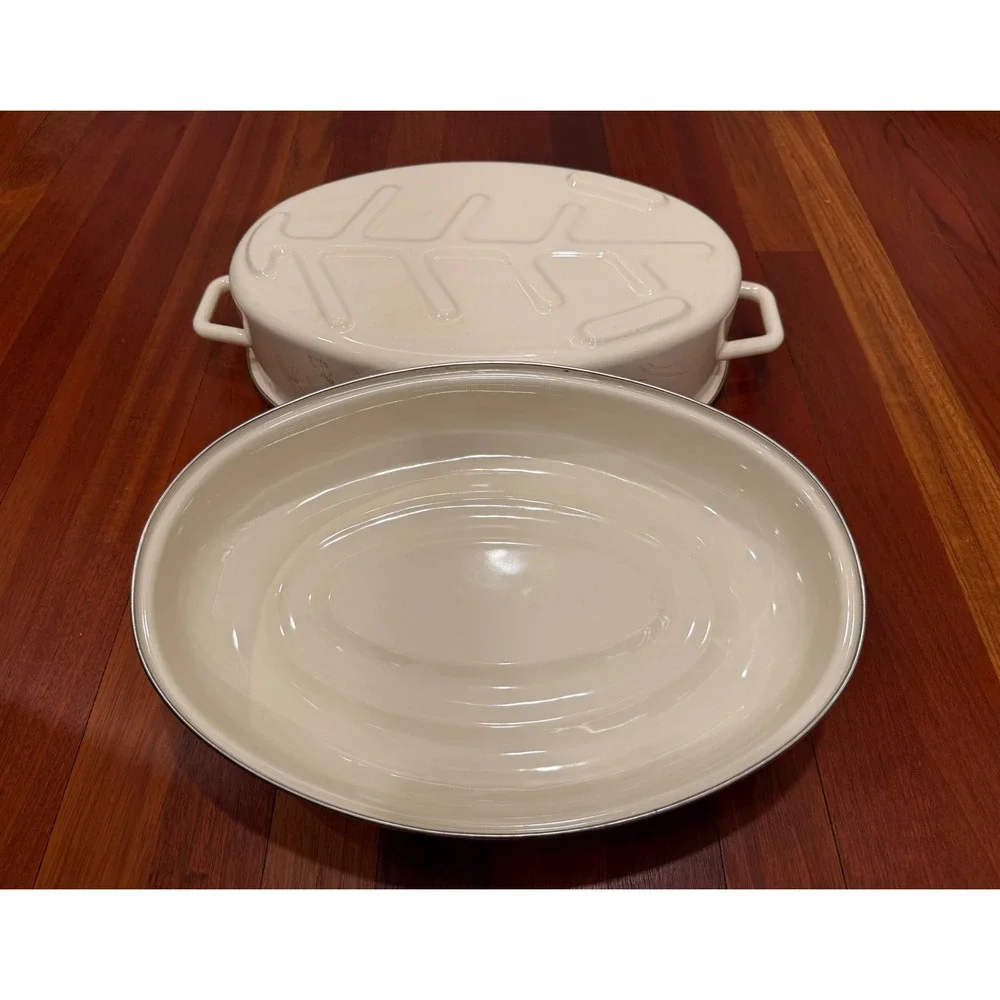 Vntg Watercolor Hearthside Blush‎ Enamelware Oval Roasting Pan with Lid Floral